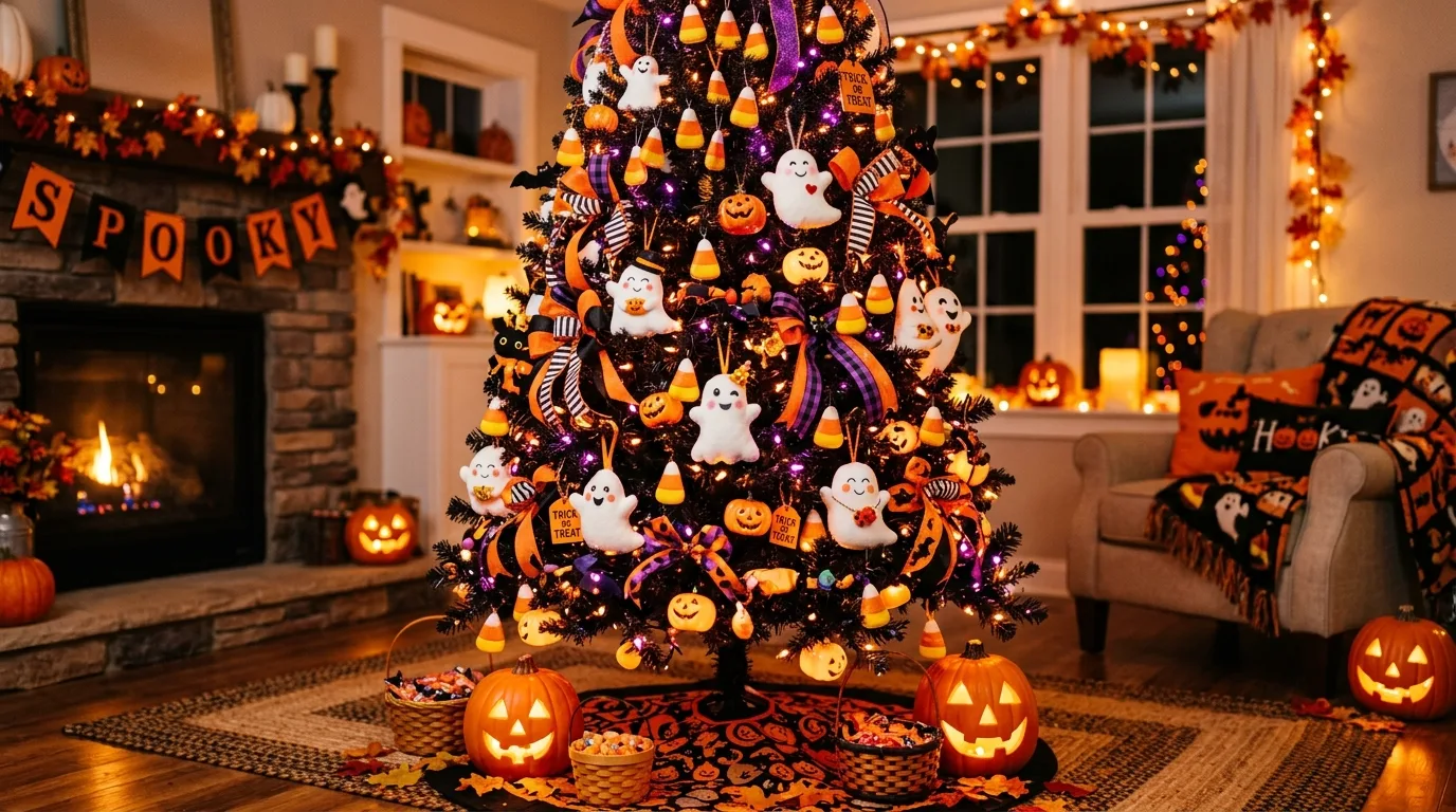 A witchy Halloween tree decorated with moon ornaments, stars, and velvet bows in moody evening light, no people