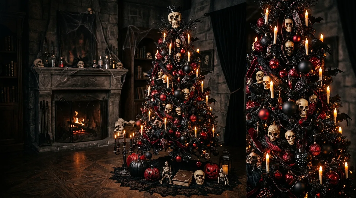 A mini Halloween tree styled on a kitchen counter with tiny pumpkins and seasonal ornaments in a cozy home, no people