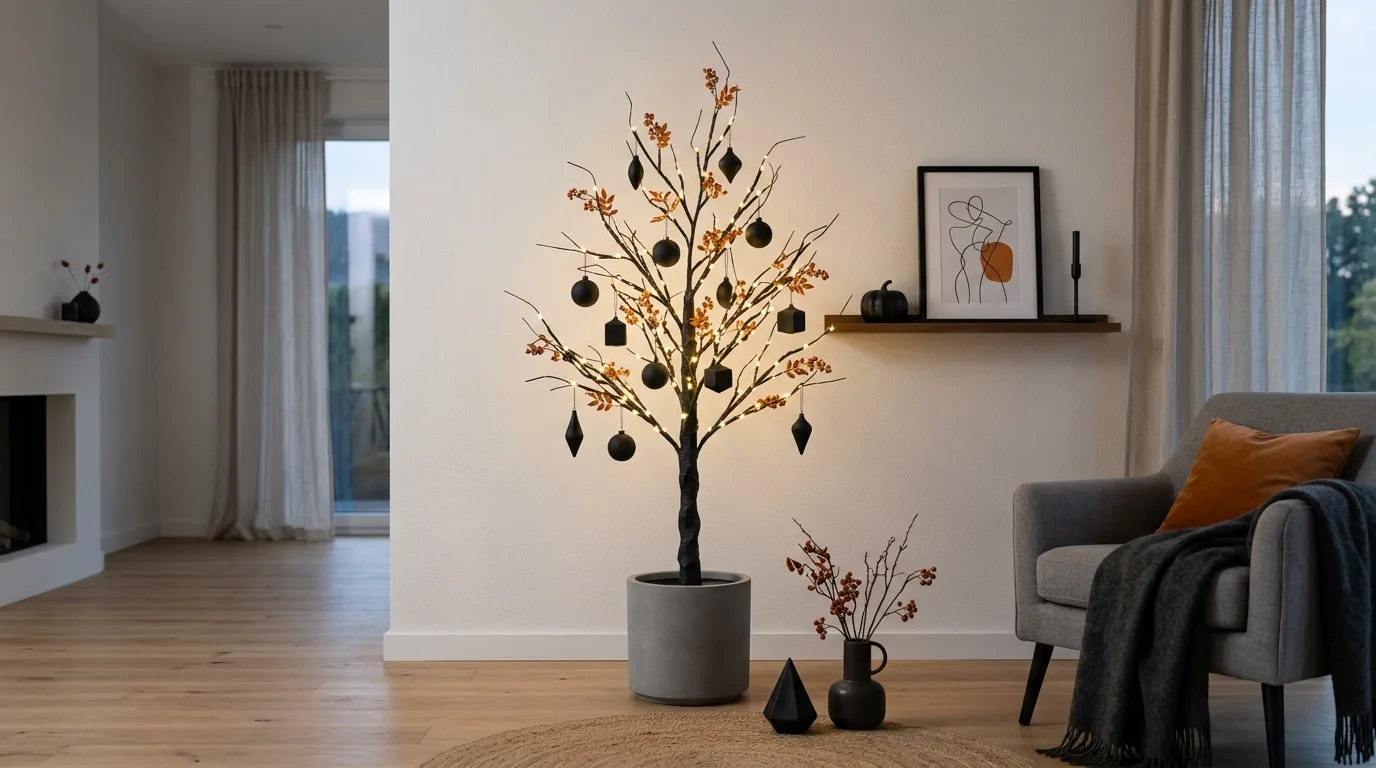 A Halloween tree glowing with purple fairy lights and festive ornaments in a dimly lit room, no people