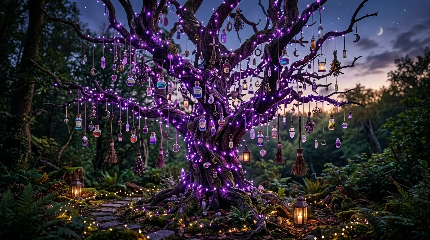 A vintage inspired Halloween tree decorated with paper cutout charms and nostalgic seasonal ornaments, no people