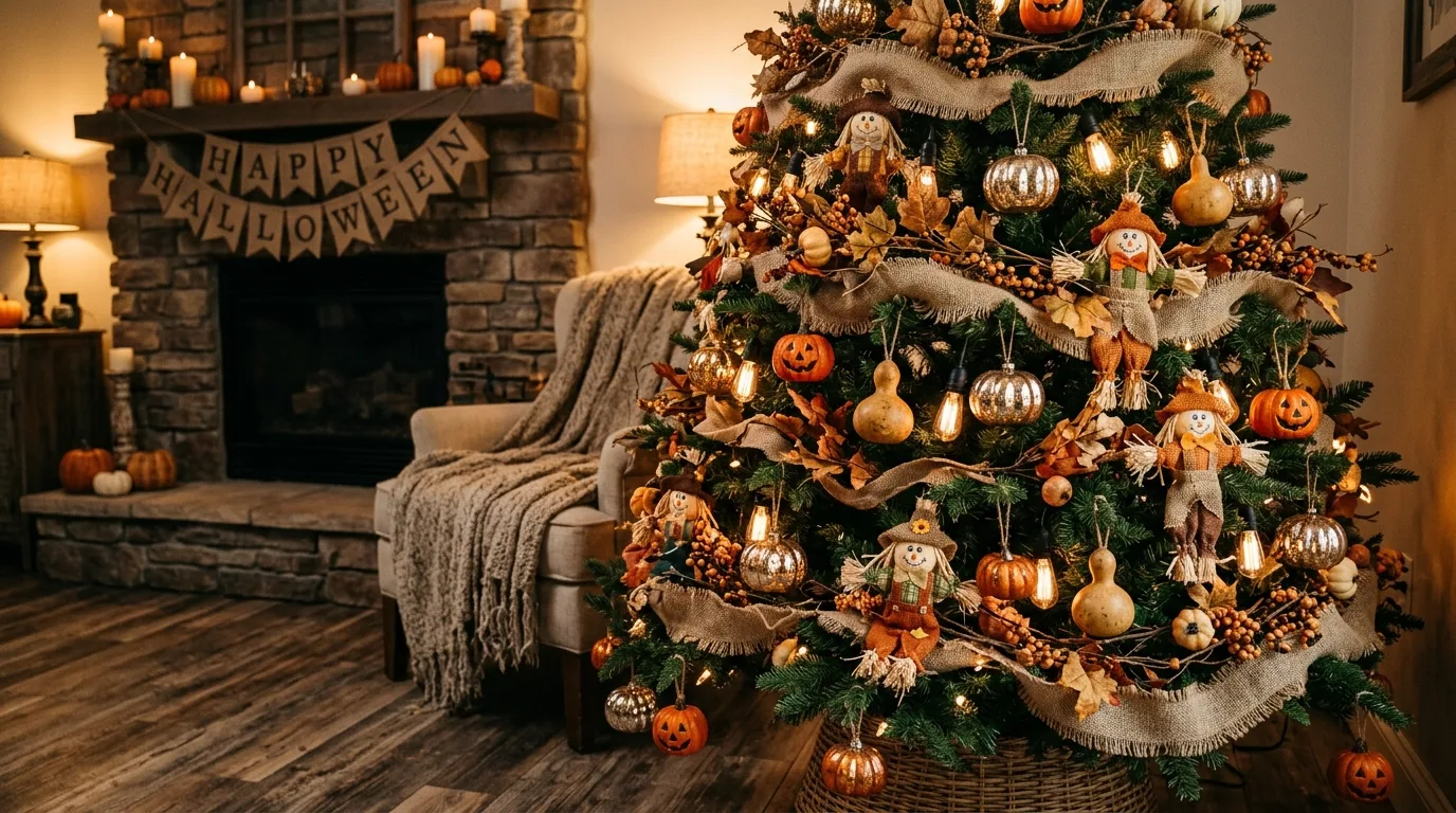 An elegant Halloween tree in black and gold displayed in a moody corner with candles and refined seasonal styling, no people
