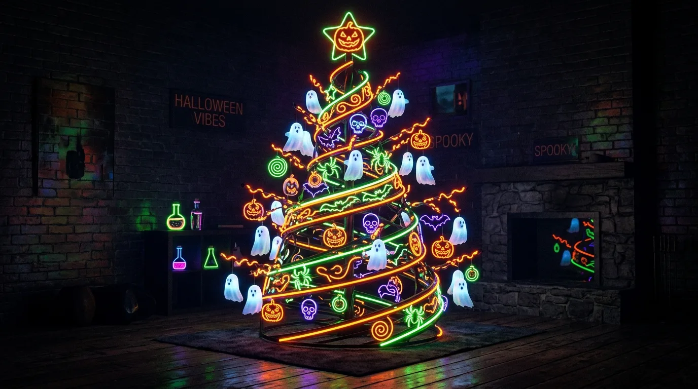 A bright orange Halloween tree with smiling ghost ornaments and cheerful family friendly decor in a cozy room, no people