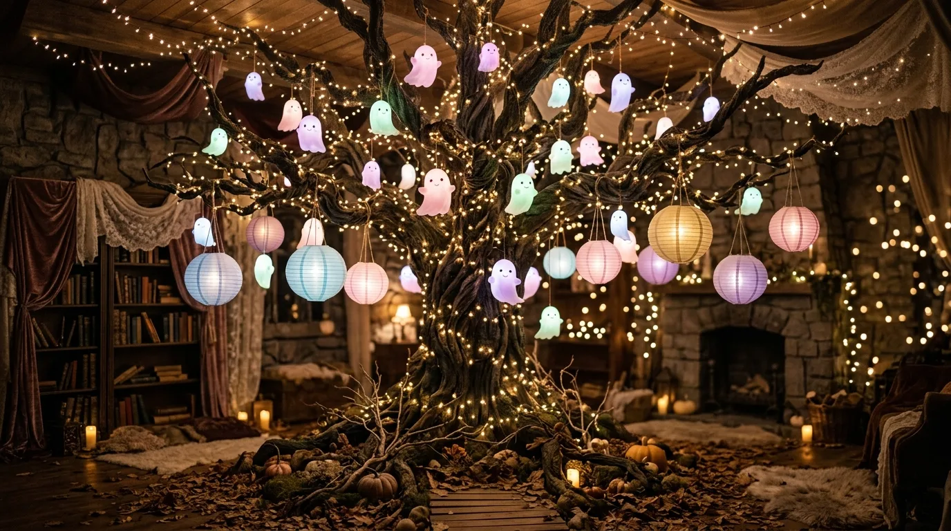 A dramatic Halloween tree with raven accents, dark florals, and ribbon in a richly styled interior, no people