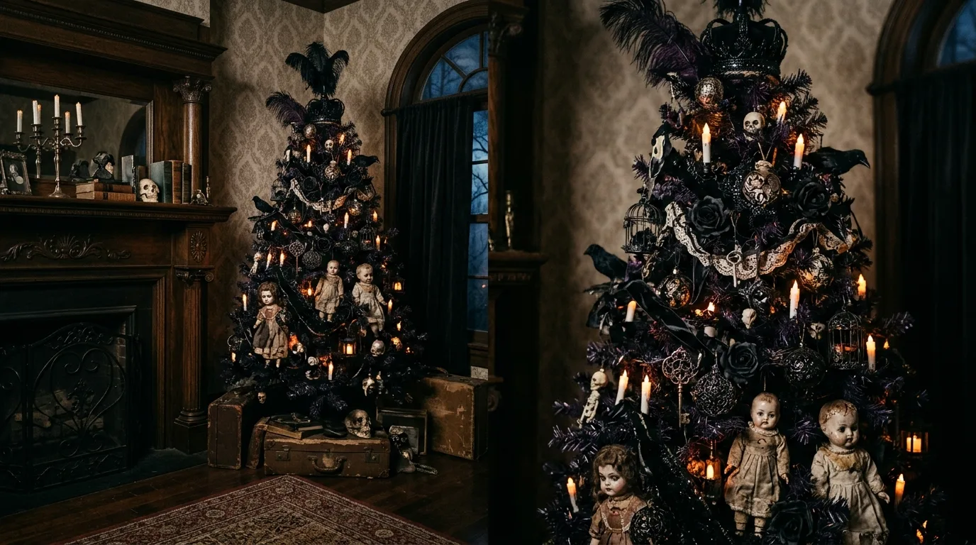 A Halloween tree displayed on a porch entry with lanterns and seasonal decor glowing in evening light, no people
