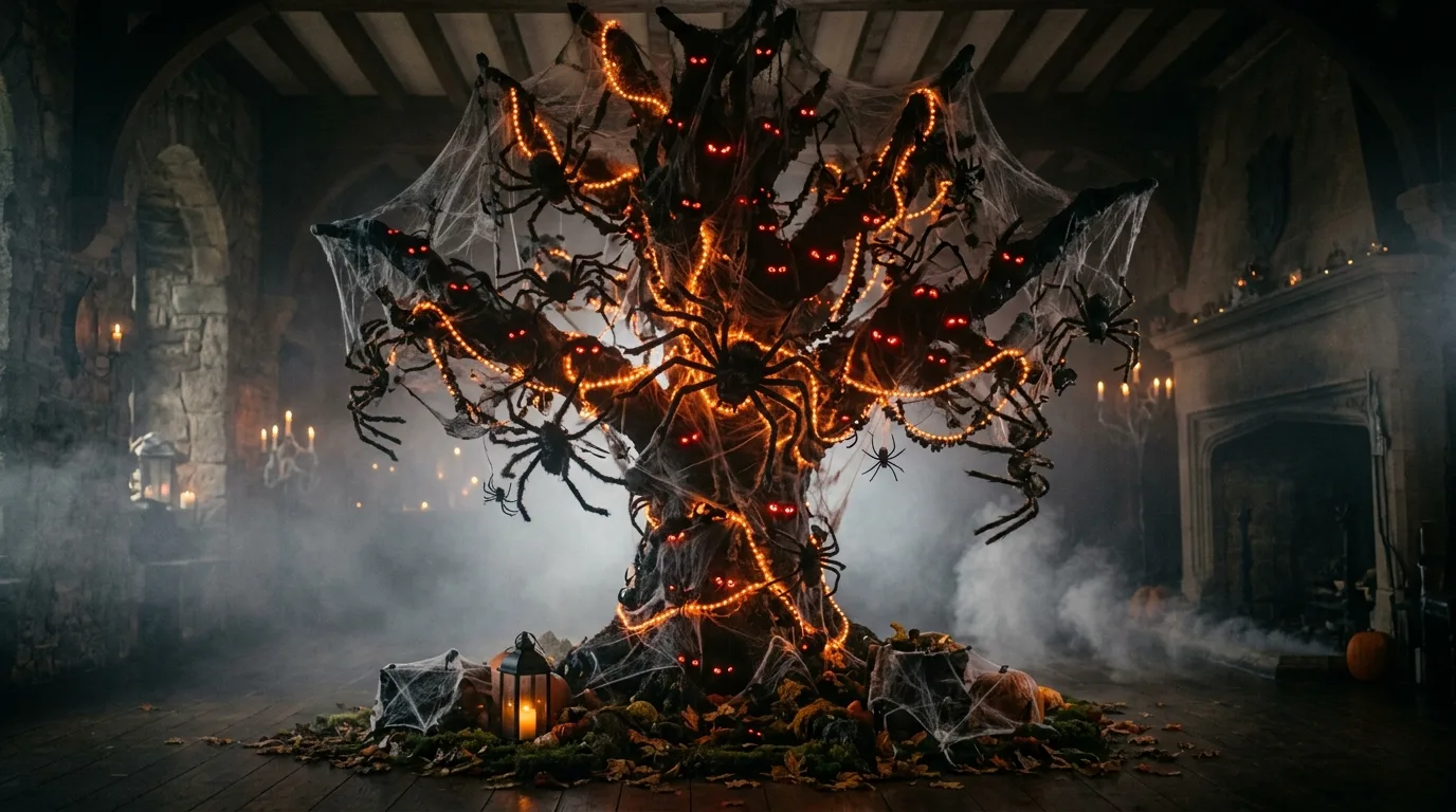A white branch Halloween tree decorated with black cat and moon ornaments in a clean modern room, no people