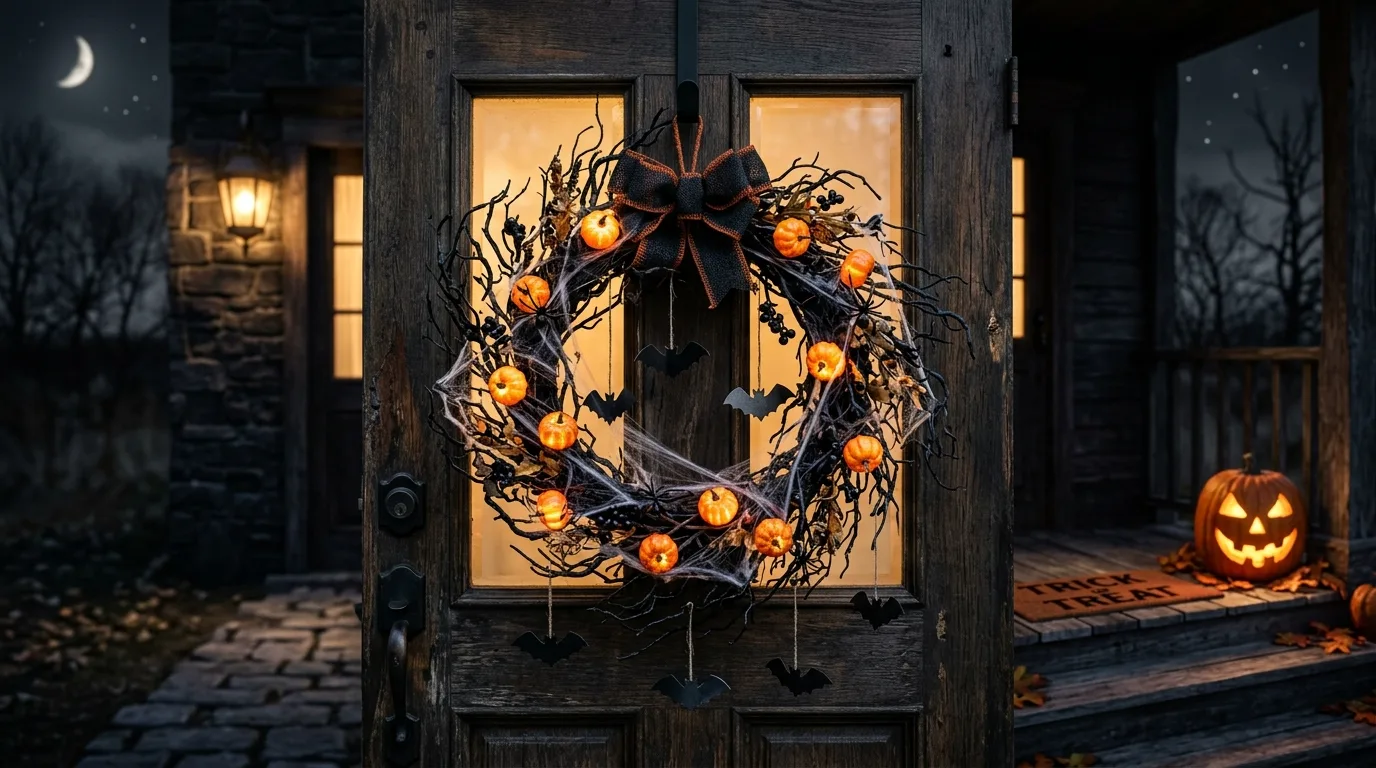 A Halloween wreath made of black feathers with a deep plum bow hanging on a dark front door in moody light, no people