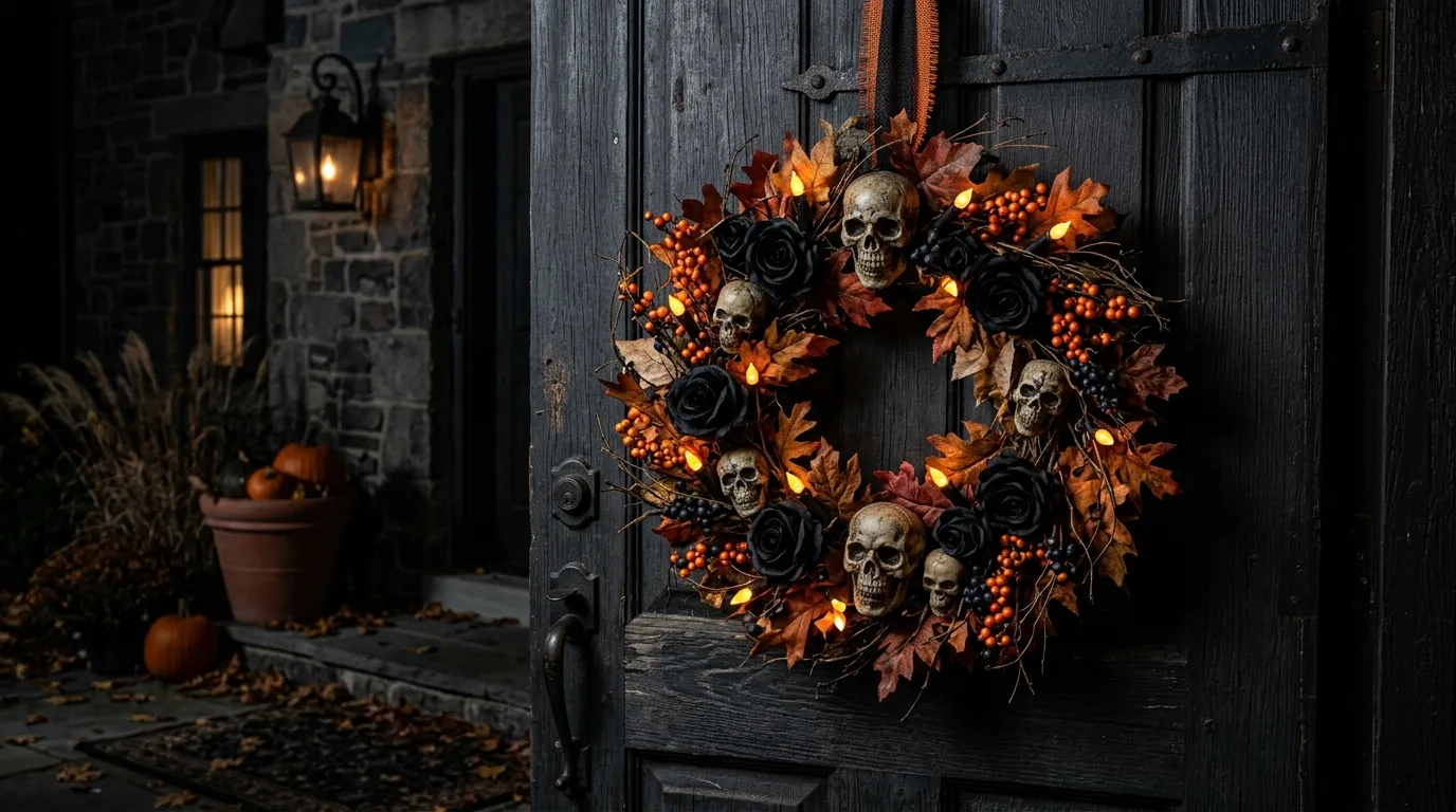 A spooky twig Halloween wreath with crow accents and tiny moon details displayed on a front door, no people