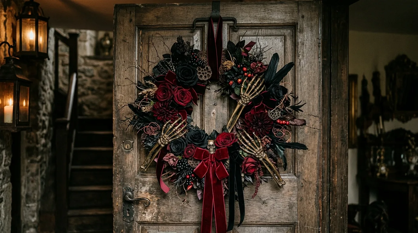 A bright Halloween wreath with orange berries and autumn texture hanging on a welcoming front door, no people