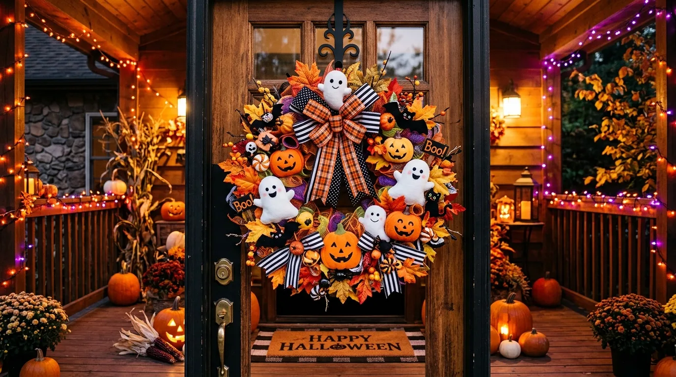 A chic Halloween wreath with velvet pumpkins and dark foliage on a front door with elegant seasonal decor, no people