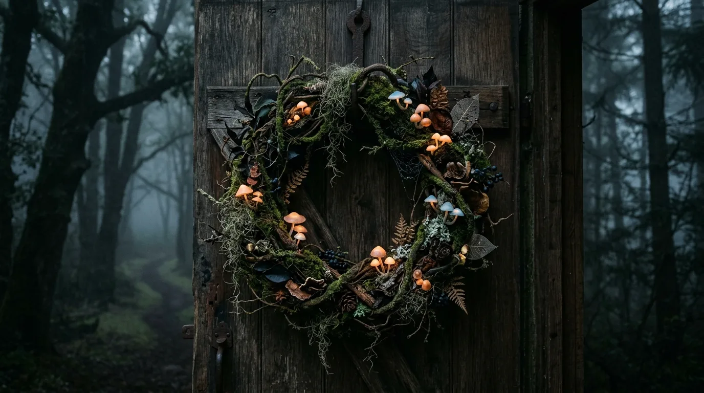A minimal Halloween wreath with a black ring design and a single raven accent on a modern front door, no people