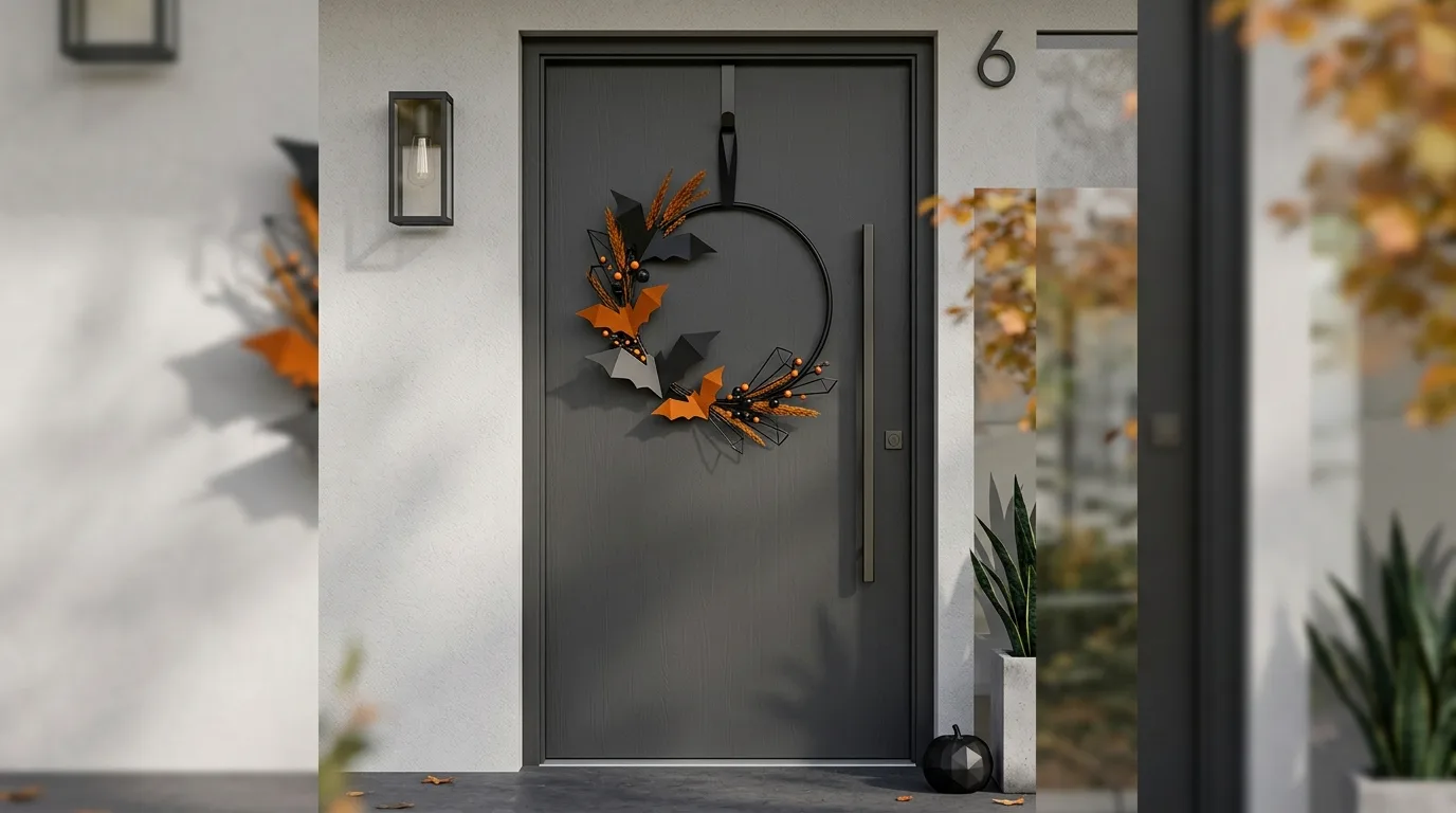 A romantic Halloween grapevine wreath with gauze and dried roses hanging on a traditional front door, no people
