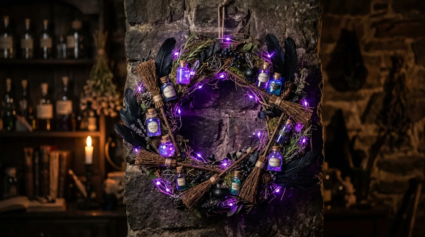 A gothic Halloween wreath with skeleton hand details arranged in a bold circular design on a dark entry door, no people