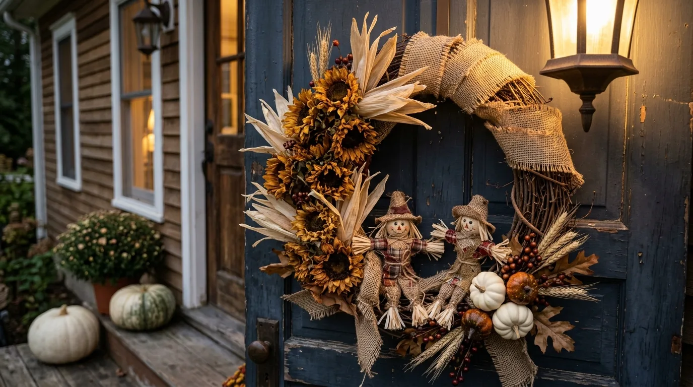 A Halloween wreath featuring moon phases and black ribbon streamers hanging from a front door in cool evening light, no people
