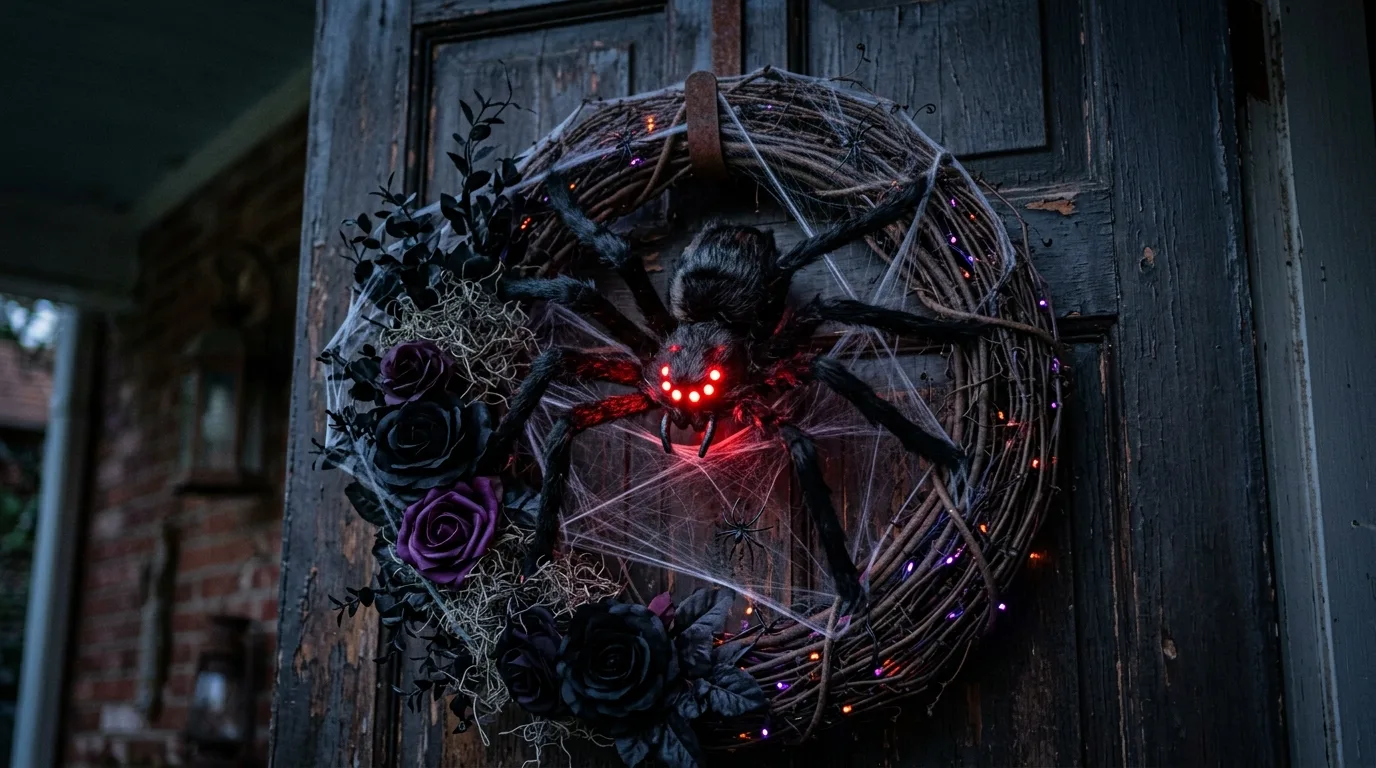 A Halloween wreath with white pumpkins displayed on a charcoal painted front door for a crisp spooky contrast, no people