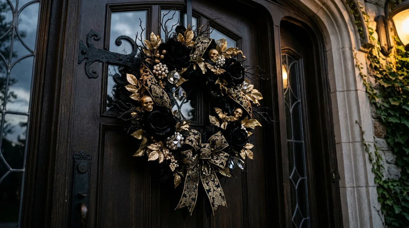 A dark floral Halloween wreath with antique key details arranged on a richly styled front door, no people
