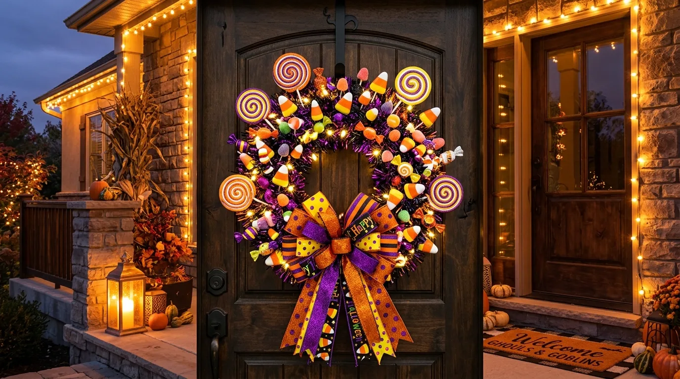A Halloween wreath with a bat silhouette center and black eucalyptus foliage hanging on a front door, no people