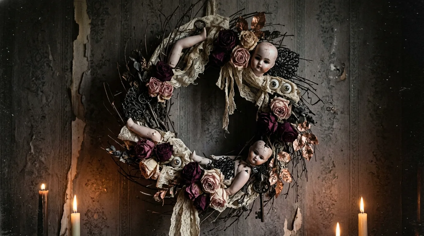 A whimsical Halloween wreath shaped with witch hat details, soft tulle, and midnight ribbon on a welcoming front door, no people