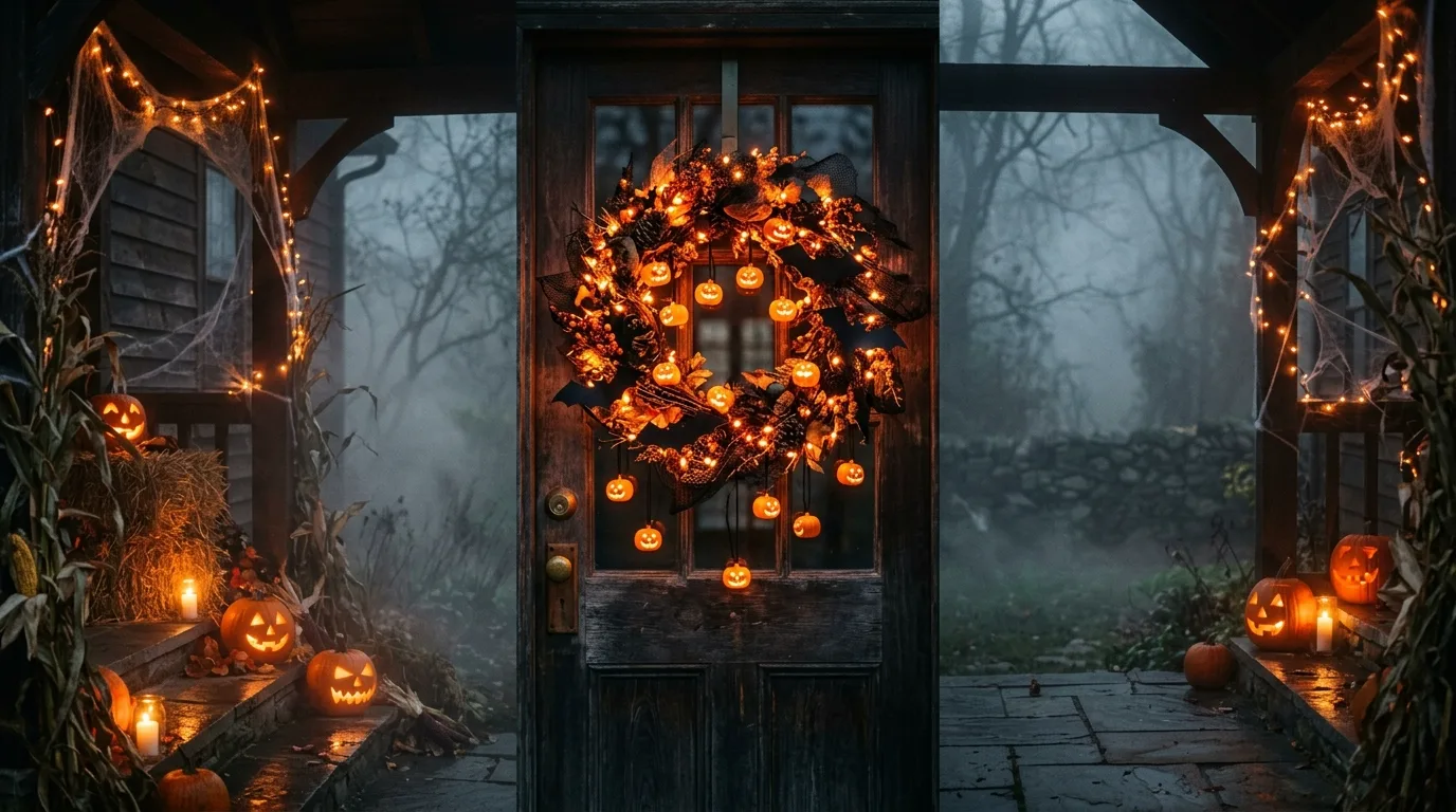 A mossy Halloween wreath with tiny lantern charms hanging on a rustic front door with moody seasonal styling, no people