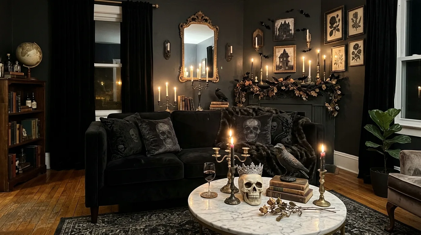A spooky chic living room with black candles, dark florals, and moody layered decor for Halloween, no people