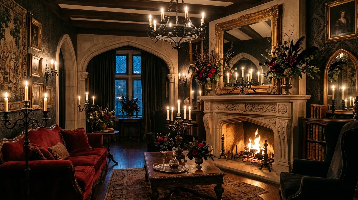 A spooky chic sofa corner with plum velvet pillows, raven accents, and moody Halloween styling, no people