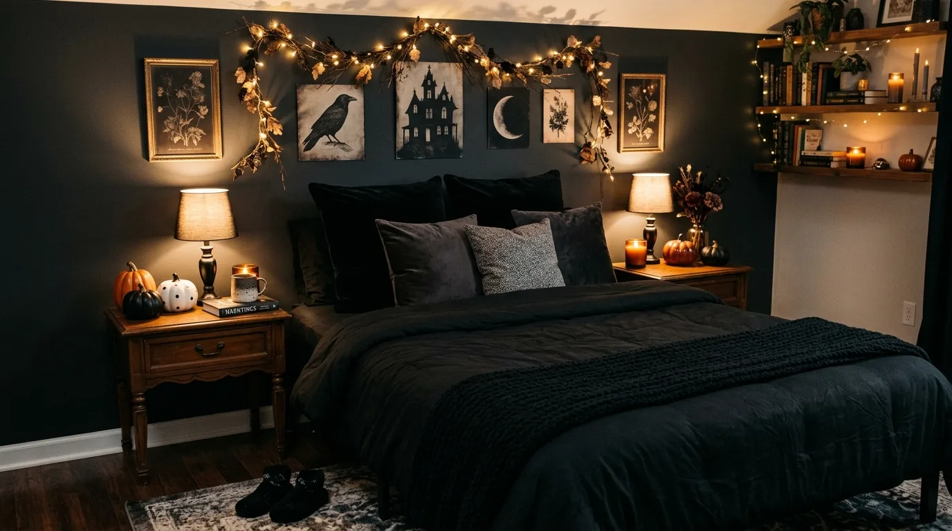 A moody Halloween dining nook with taper candles, dark wall art, and elegant spooky styling, no people
