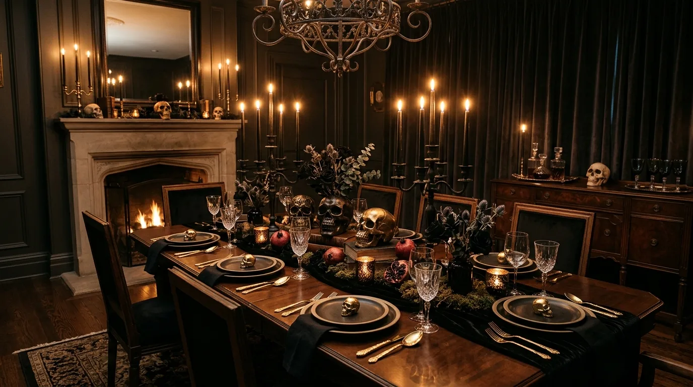 A neutral room styled for Halloween with subtle bat accents and smoky glass decor creating a soft spooky mood, no people