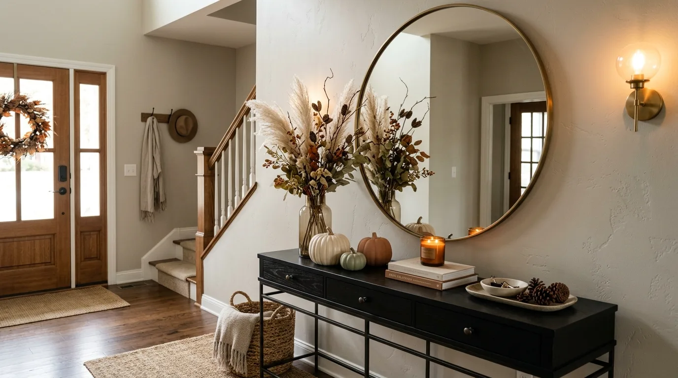 A spooky chic entry table with a dramatic mirror, gathered branches, and elegant Halloween decor, no people