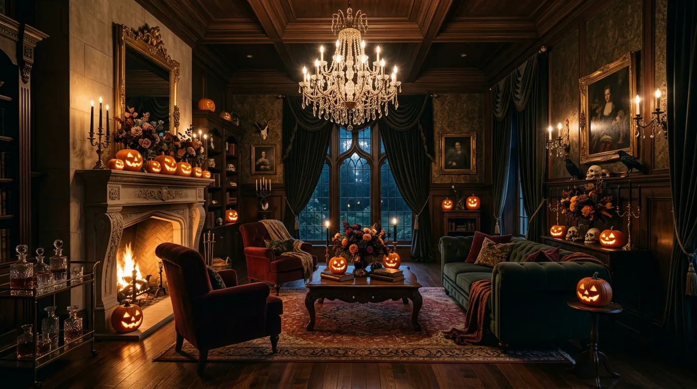 A Halloween fireplace room with gauze drape, candle clusters, and warm spooky chic styling, no people