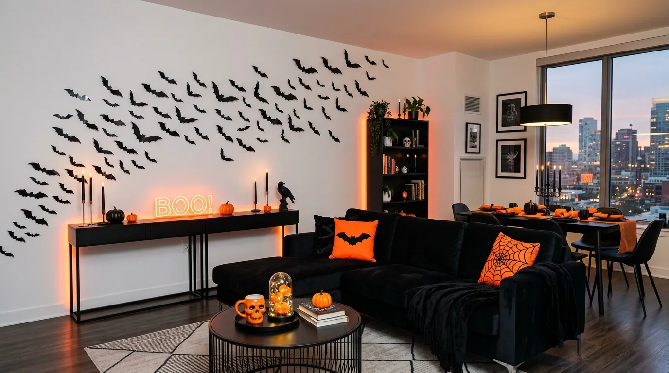 A cozy Halloween window seat with velvet throws, pumpkins, and spooky chic decor in soft autumn light, no people