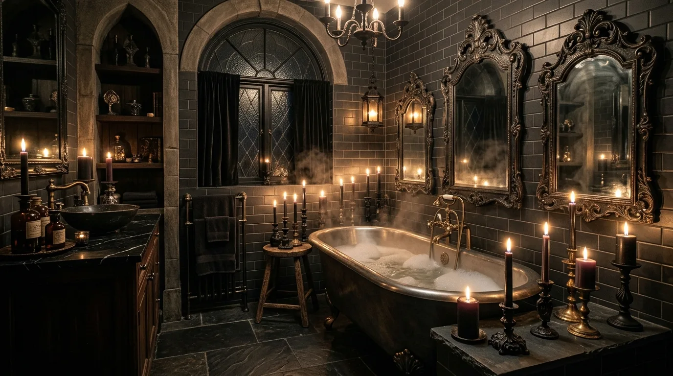 A Halloween hallway decorated with framed silhouettes, lanterns, and moody spooky chic accents, no people