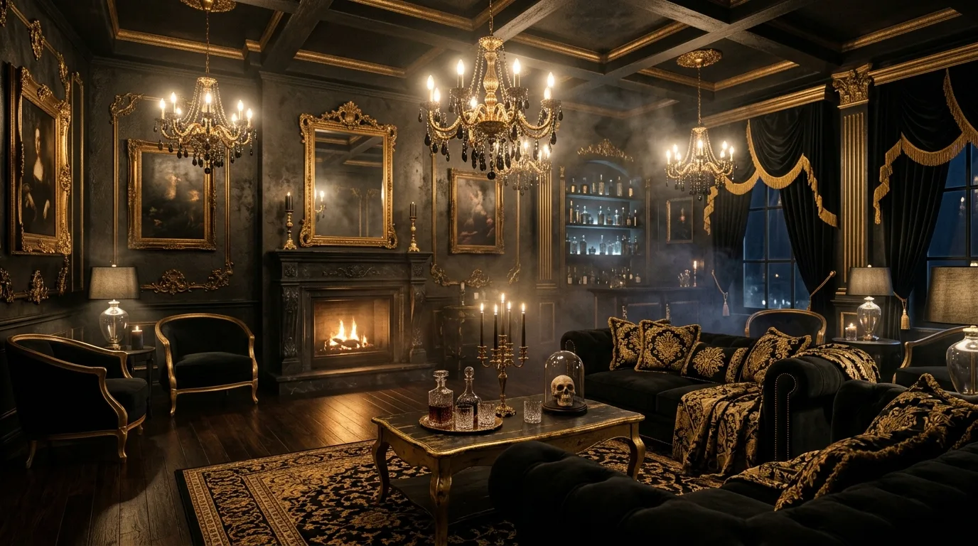 A spooky chic coffee table with dark roses, old books, and elegant Halloween styling in a moody living room, no people