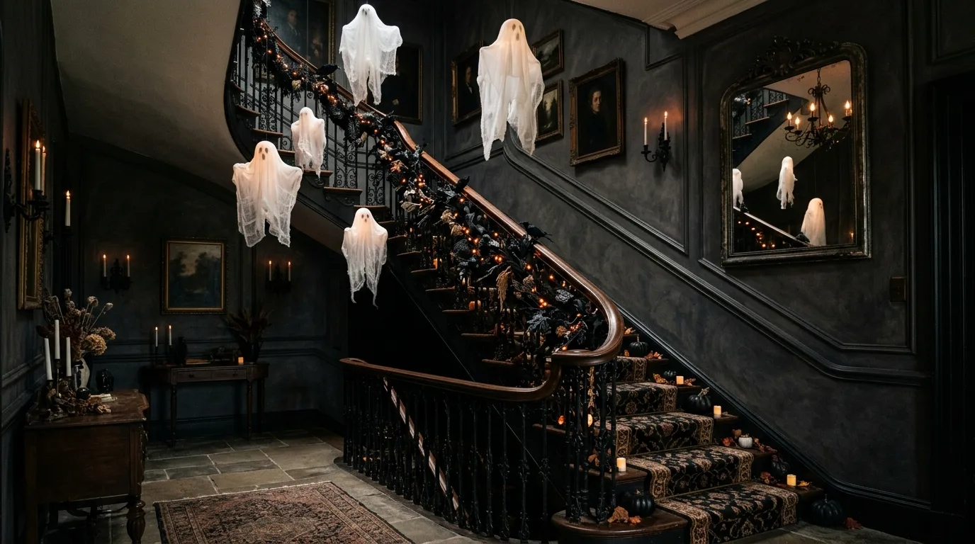 A Halloween media room with soft amber lighting and dramatic garland creating a spooky chic cozy setting, no people