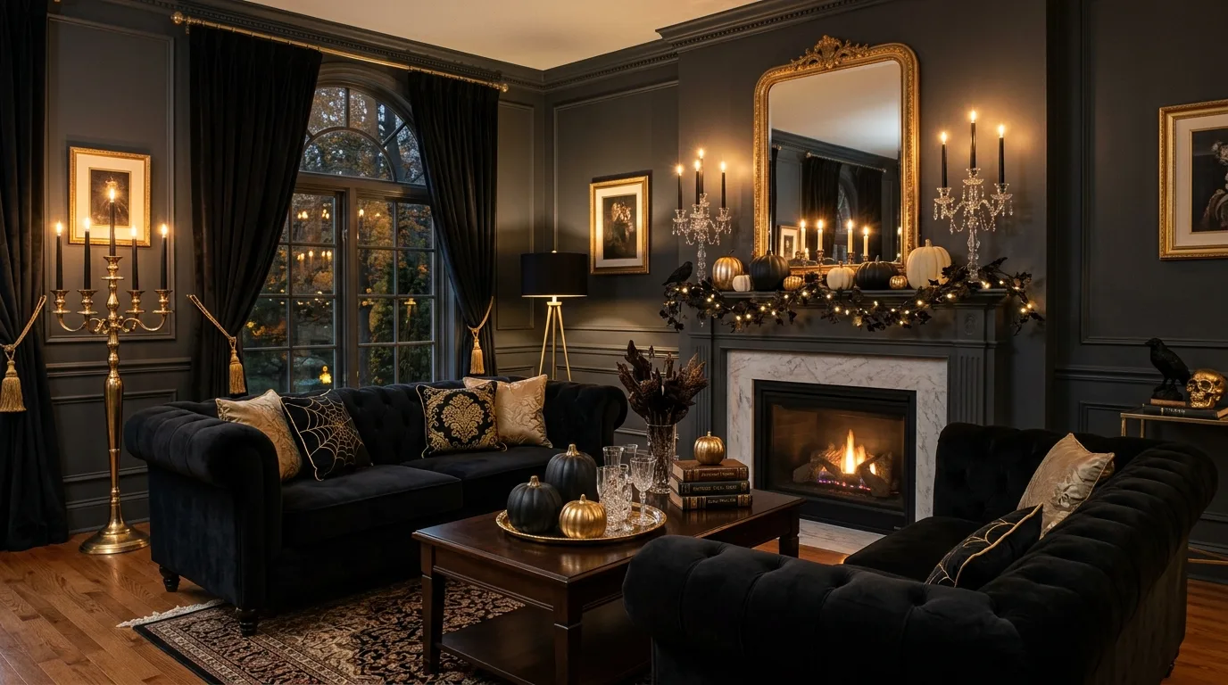 An elegant Halloween foyer in black and ivory with refined candle groupings and polished seasonal styling, no people