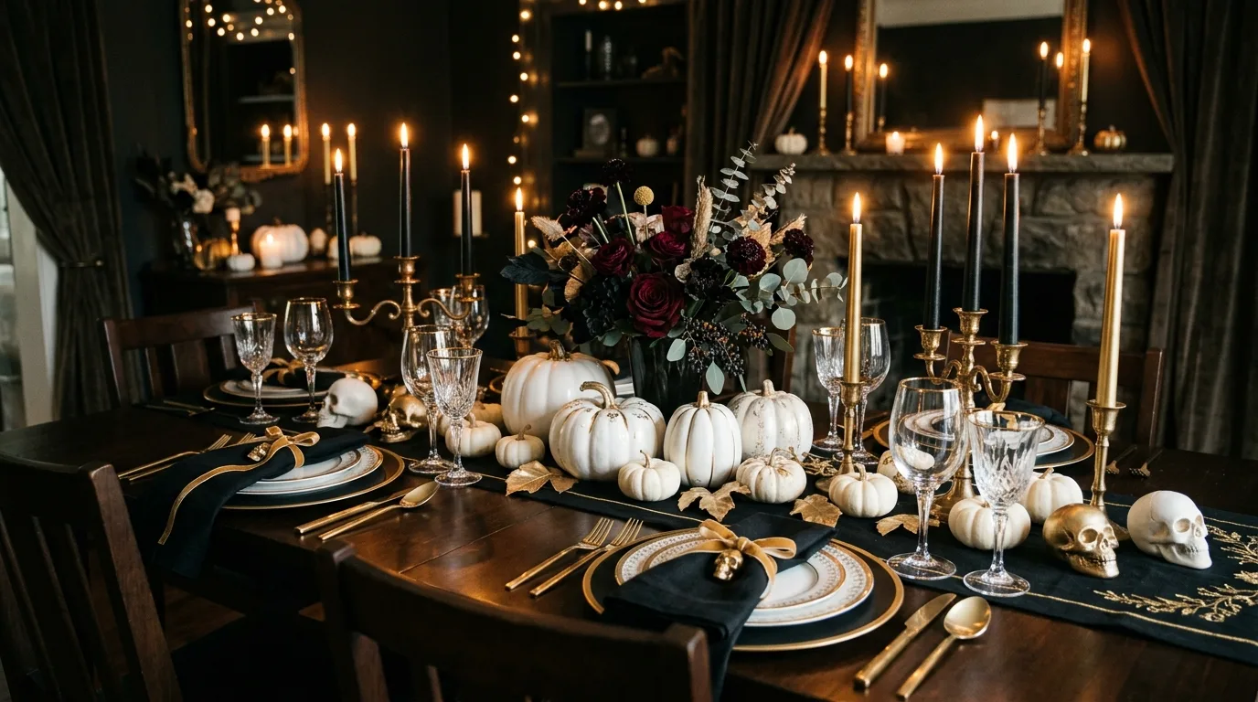 A formal console styled for Halloween with gilded pumpkins, candles, and elegant dark seasonal accents, no people