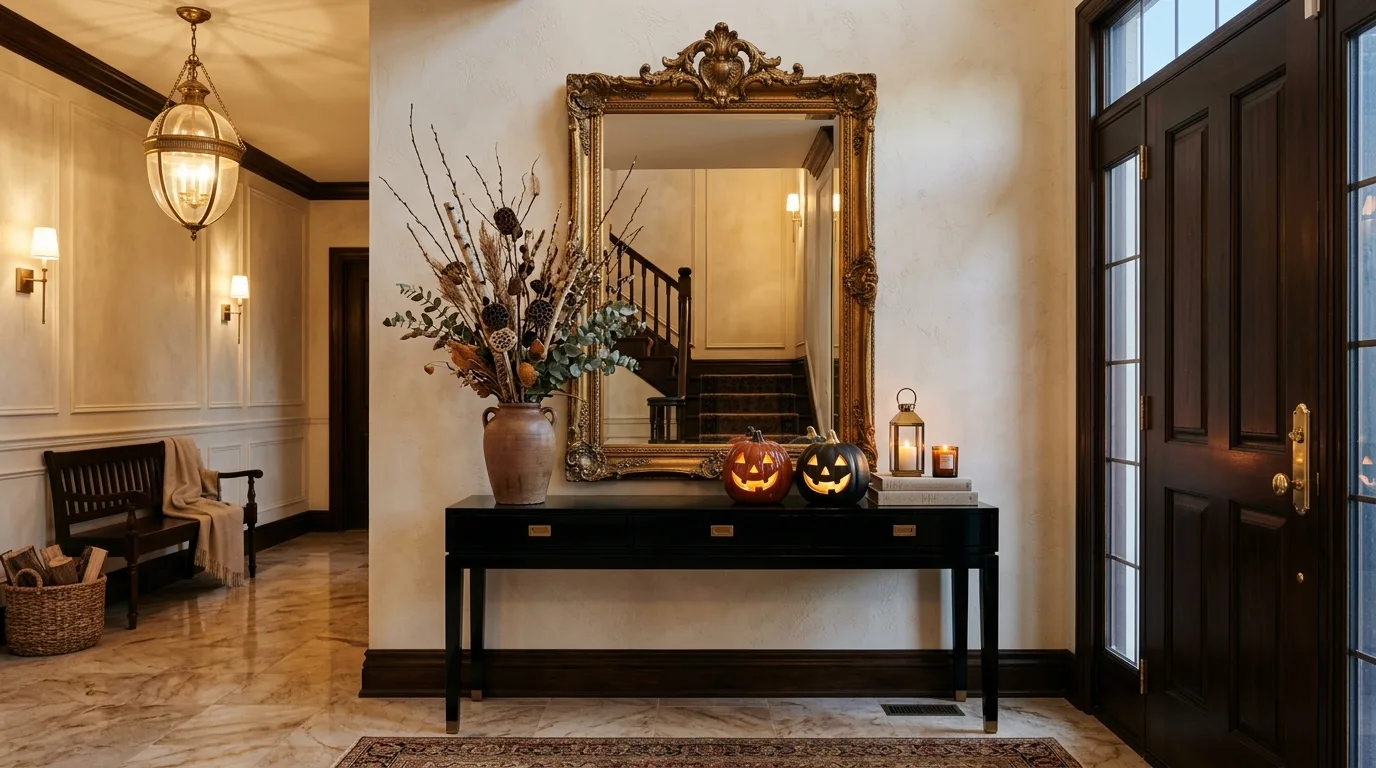 An elegant Halloween dining room with crystal details and black florals arranged in a monochrome palette, no people