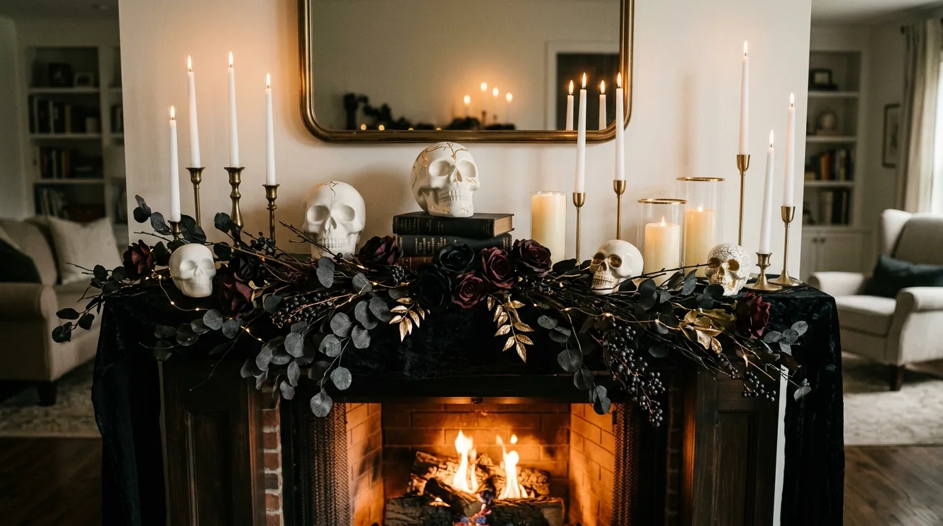 A sophisticated Halloween room in soft taupe with raven accents and smoke glass decor, no people