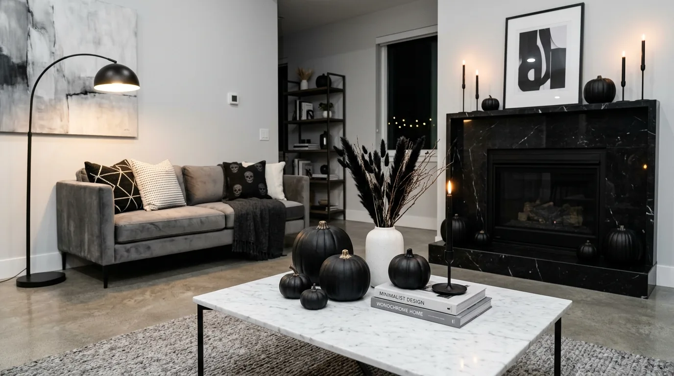 A grand staircase decorated for Halloween with velvet ribbon, lanterns, and elegant seasonal styling, no people