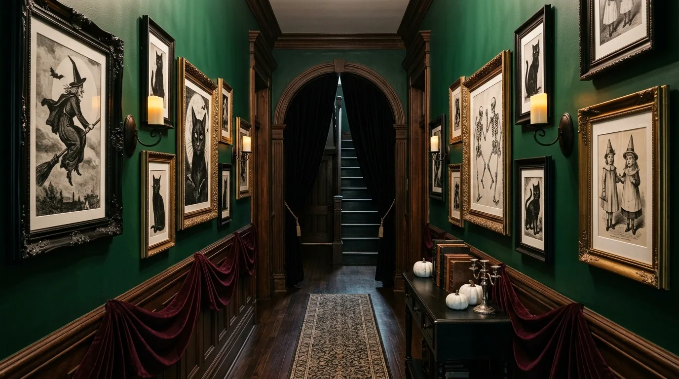 A muted elegant parlor with antique busts, dark roses, and classy Halloween decor in moody lighting, no people