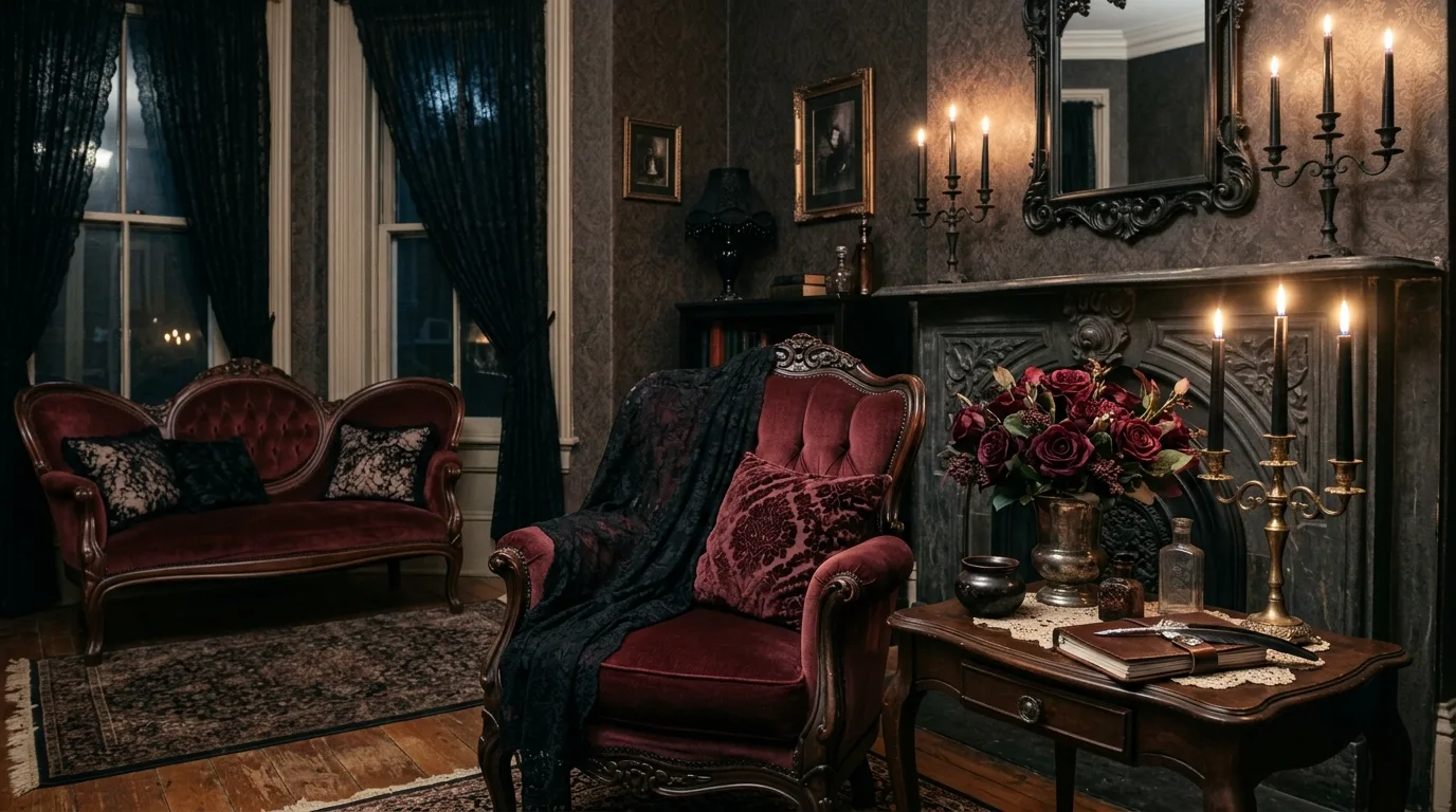 A cream mantel decorated with subtle bat accents and marble details for an elegant Halloween look, no people