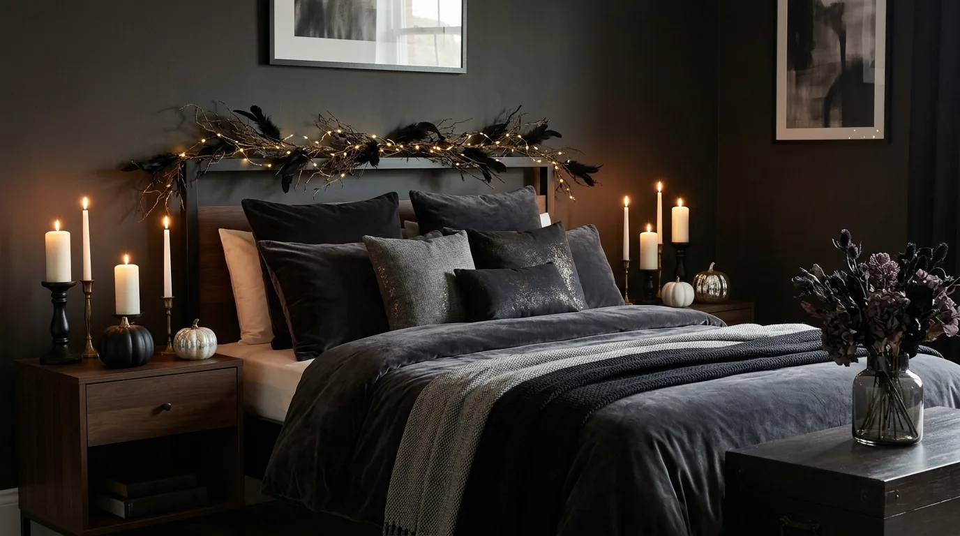 A sophisticated Halloween dining buffet with silver and black accents, layered cloches, and elegant seasonal decor, no people