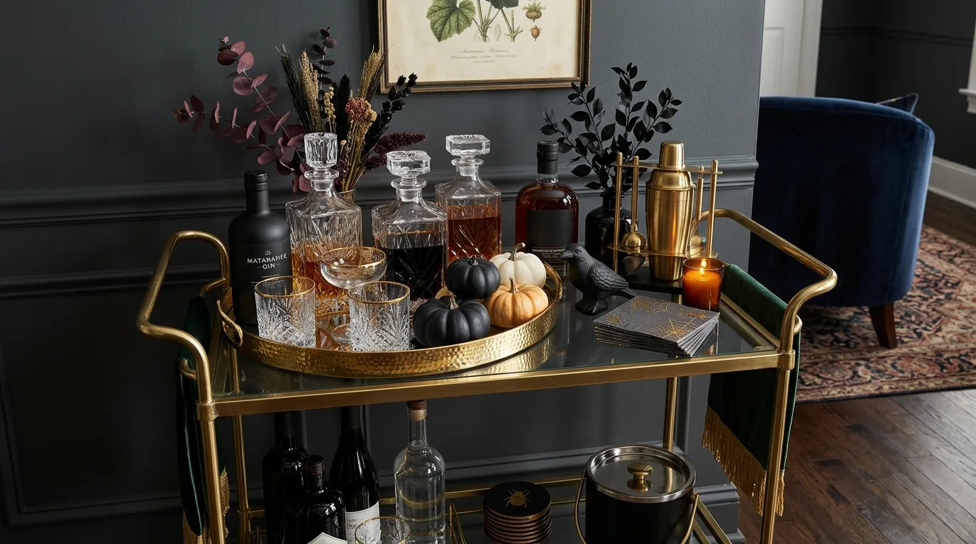 A refined bedroom styled for Halloween with French inspired decor and moody seasonal touches, no people