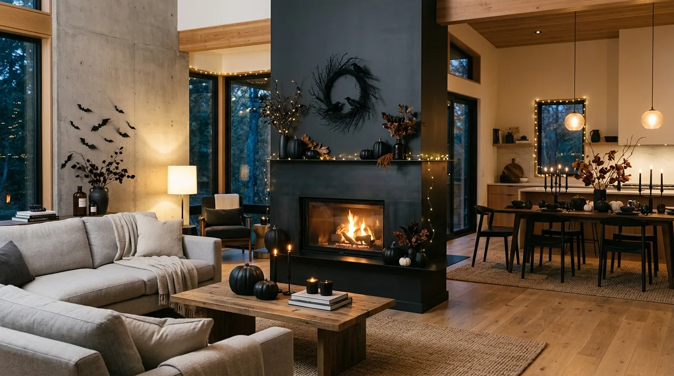A formal sitting room with dramatic drapery and candle glow creating an elegant Halloween atmosphere, no people