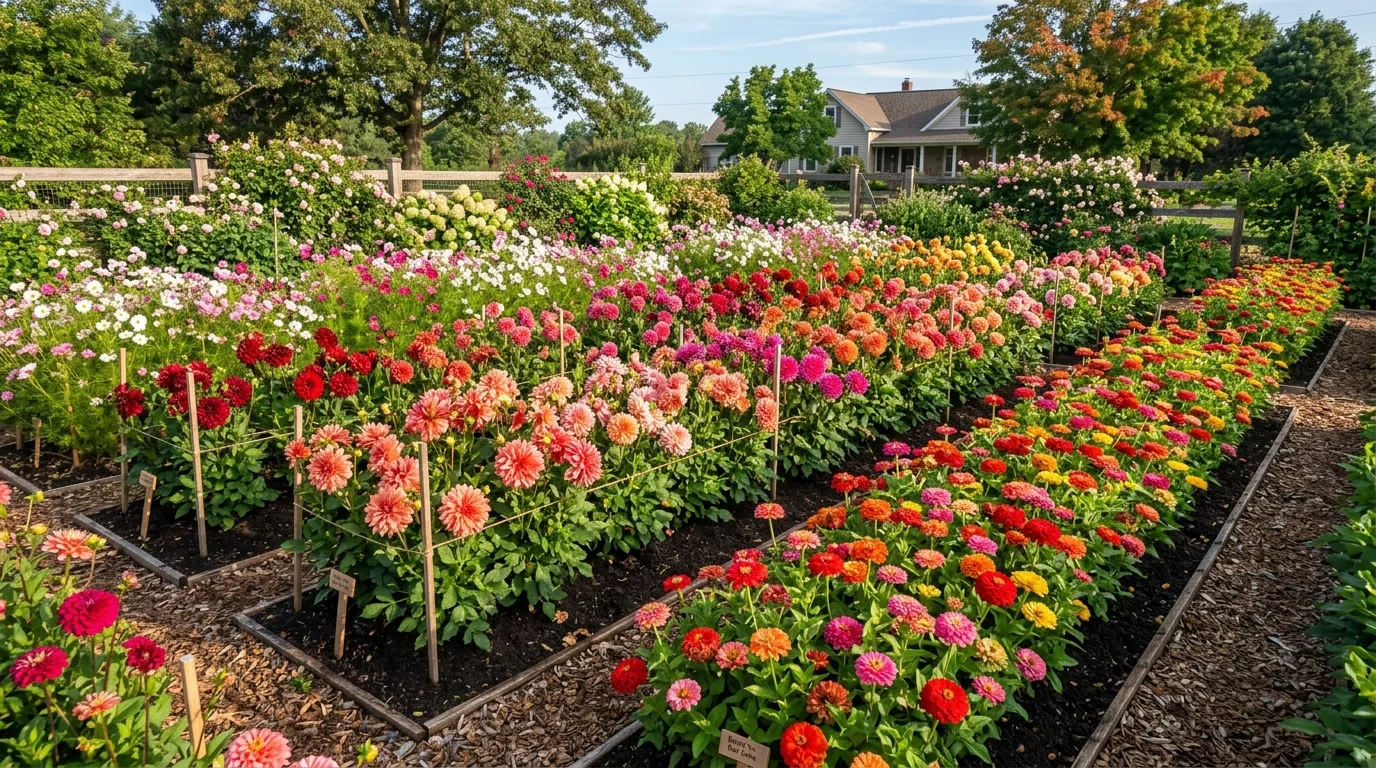 A vibrant backyard cut flower garden filled with rows of blooming dahlias, zinnias, and cosmos in rich reds, pinks, and oranges, neatly arranged beds with dark soil contrast, bright morning sunlight illuminating petals, captured from a slightly elevated angle, no people