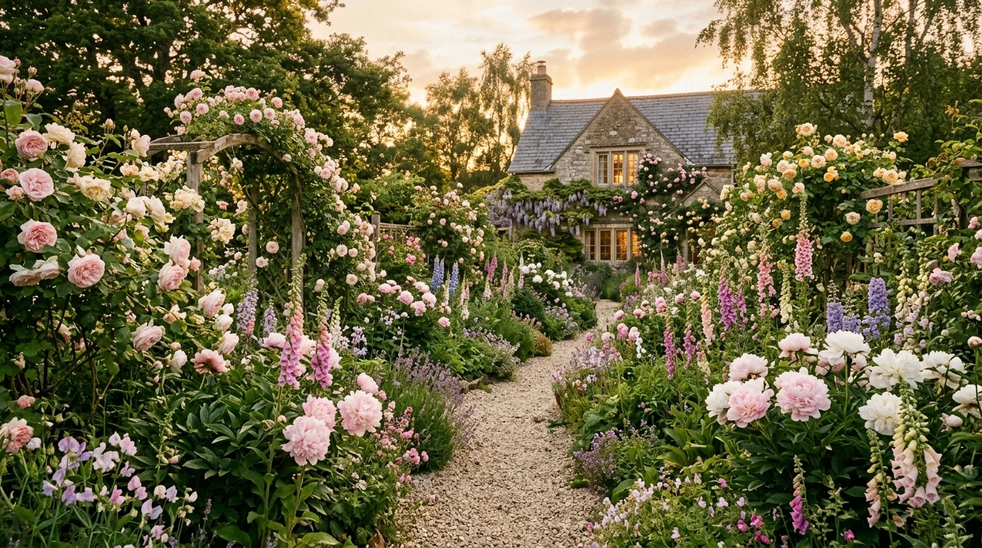 A romantic cottage-style cutting garden overflowing with roses, peonies, and foxgloves in soft pastel hues, winding gravel path through dense blooms, warm golden hour light creating a dreamy glow, photographed from a central pathway perspective, no people