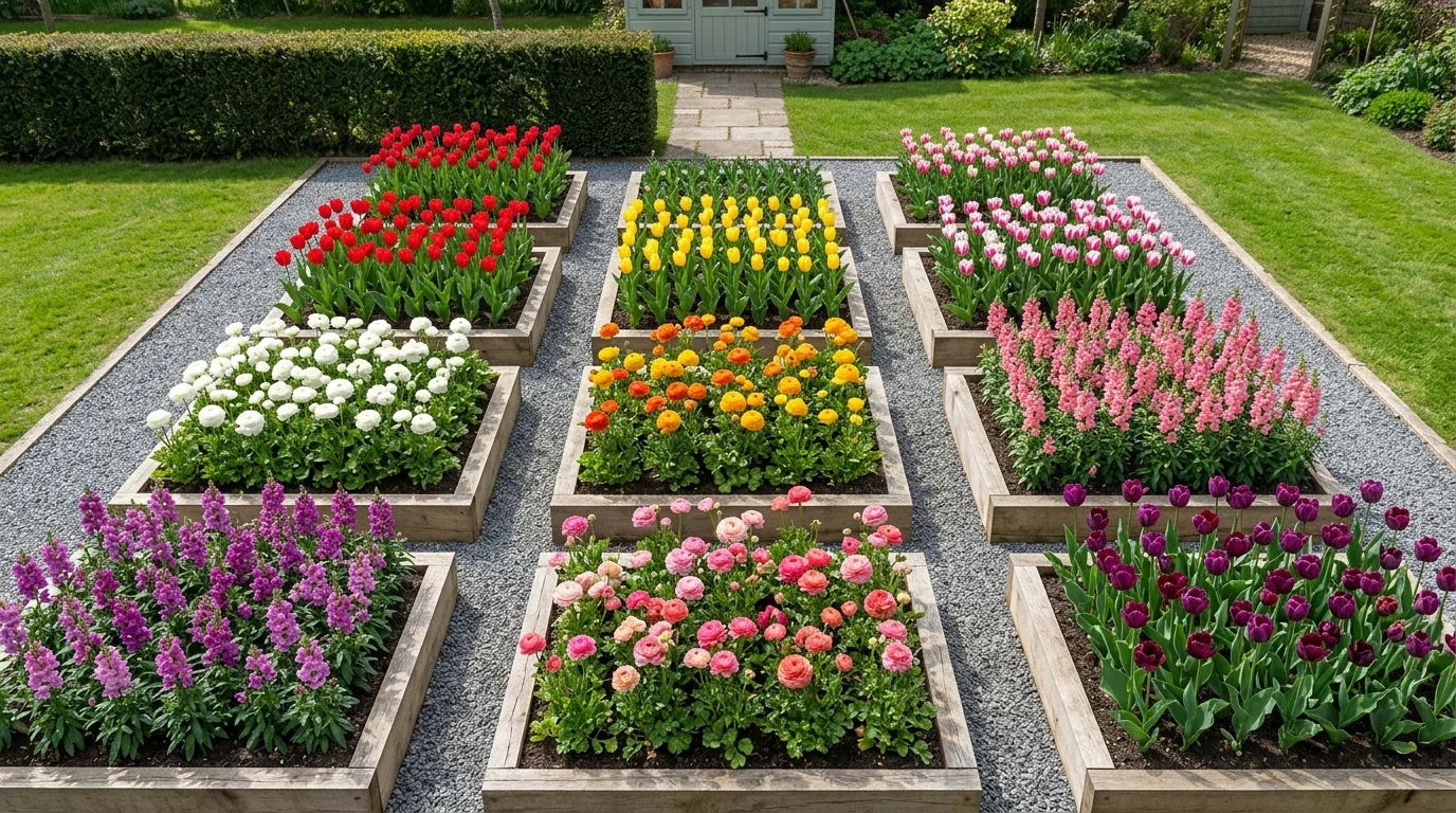 A neatly organized raised bed garden with rows of tulips, ranunculus, and snapdragons in coordinated color blocks, crisp lines and structured layout, bright natural daylight, top-down view emphasizing symmetry and color patterns, no people