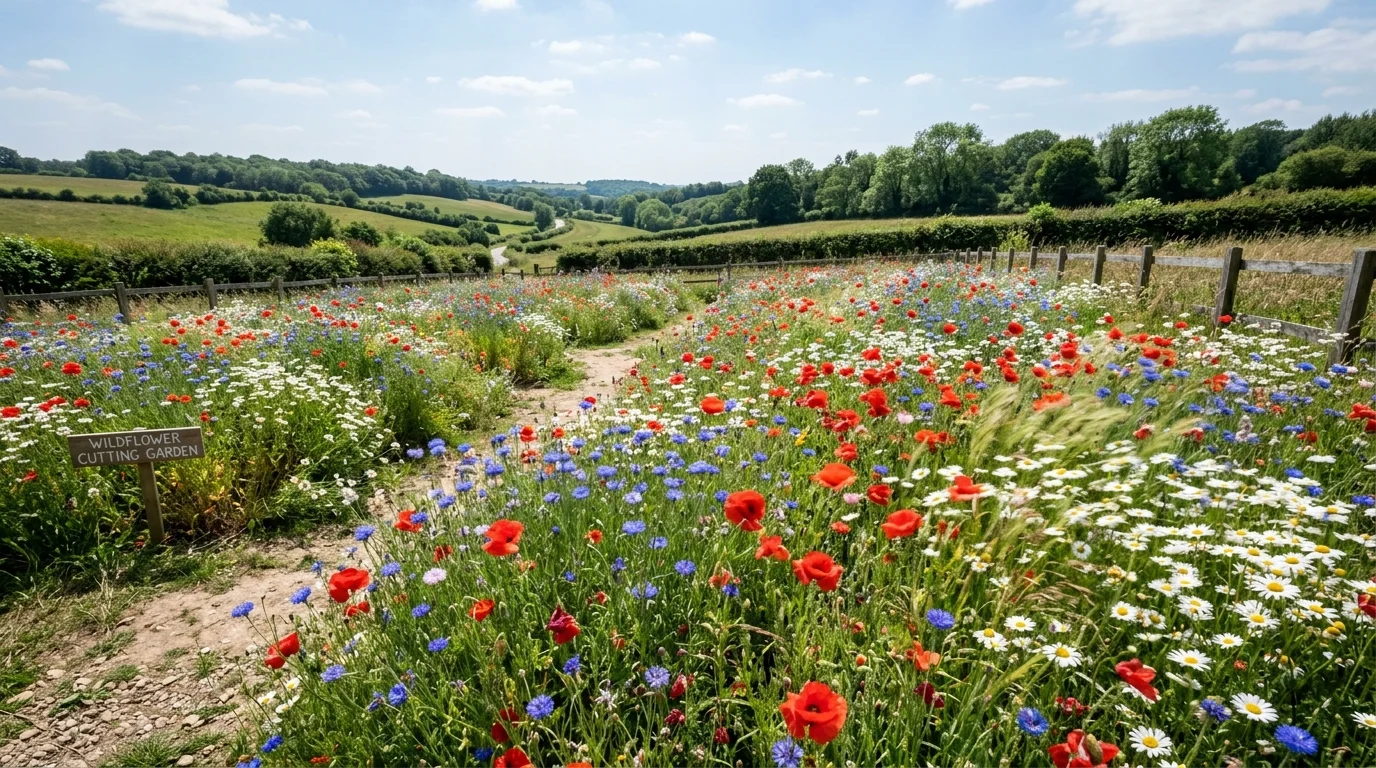 A lush wildflower-inspired cutting garden with poppies, cornflowers, and daisies swaying naturally, vibrant reds, blues, and whites blending together, soft breeze implied, midday sunlight, wide-angle shot capturing depth and movement, no people