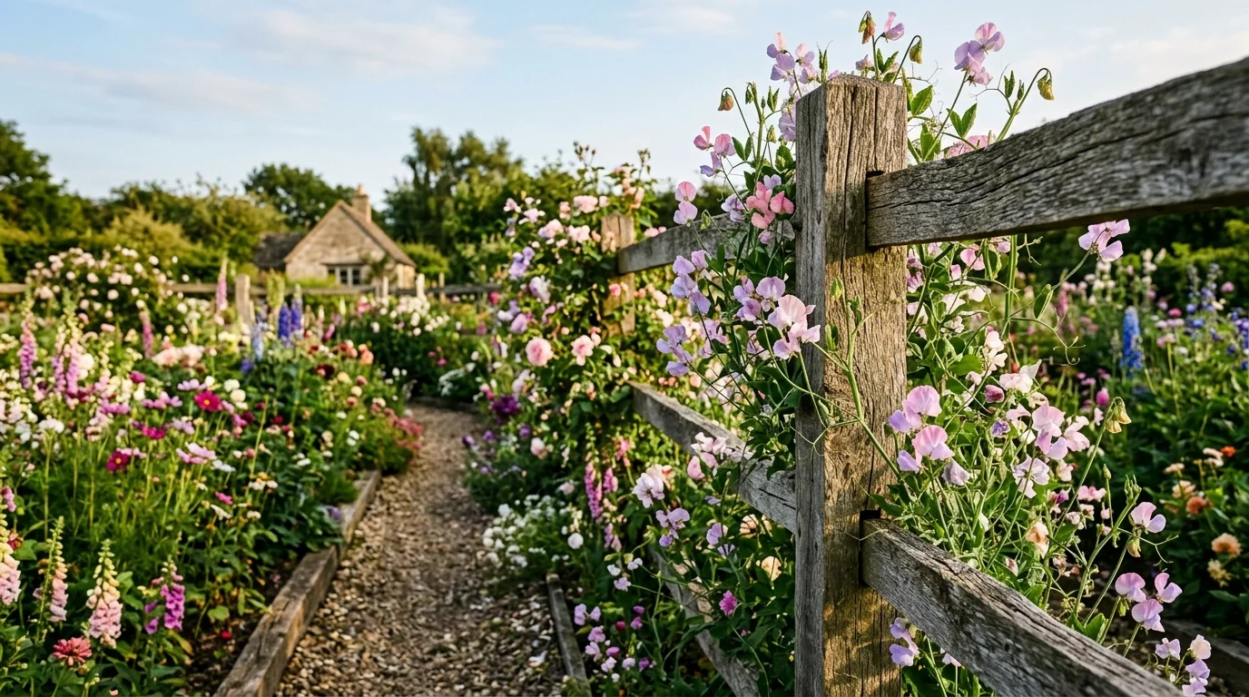 A rustic wooden fence lined with climbing sweet peas and trailing blooms in soft pinks and purples, cutting garden beds below filled with mixed flowers, warm afternoon light, captured from a side angle highlighting textures, no people