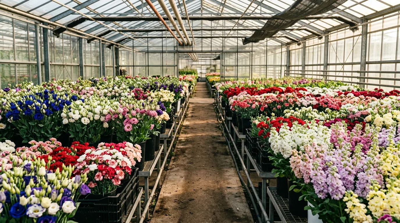 A greenhouse interior filled with rows of cut flowers like lisianthus, carnations, and stock, vibrant blooms at various stages, filtered sunlight through glass panels, humid atmosphere with soft highlights, shot from a centered aisle perspective, no people