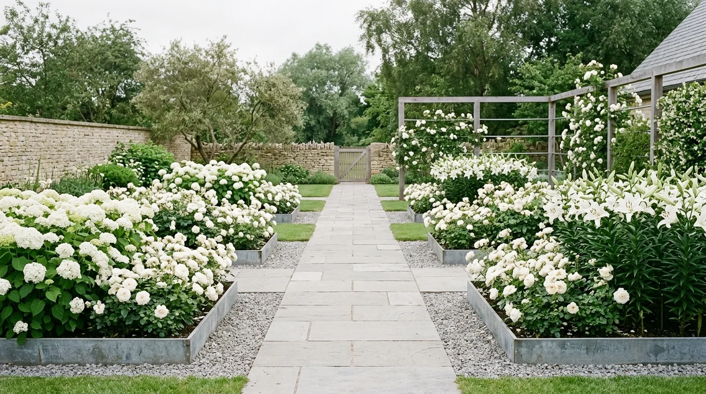 A modern minimalist cut flower garden with monochromatic white blooms like lilies, hydrangeas, and roses, clean geometric beds, neutral stone pathways, soft diffused lighting, photographed straight-on for a calm aesthetic, no people