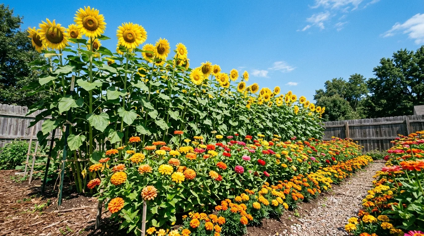 A colorful backyard cutting garden with sunflowers towering above rows of zinnias and marigolds, bright yellows and oranges dominating, clear blue sky backdrop, strong sunlight, low-angle shot emphasizing height and vibrancy, no people
